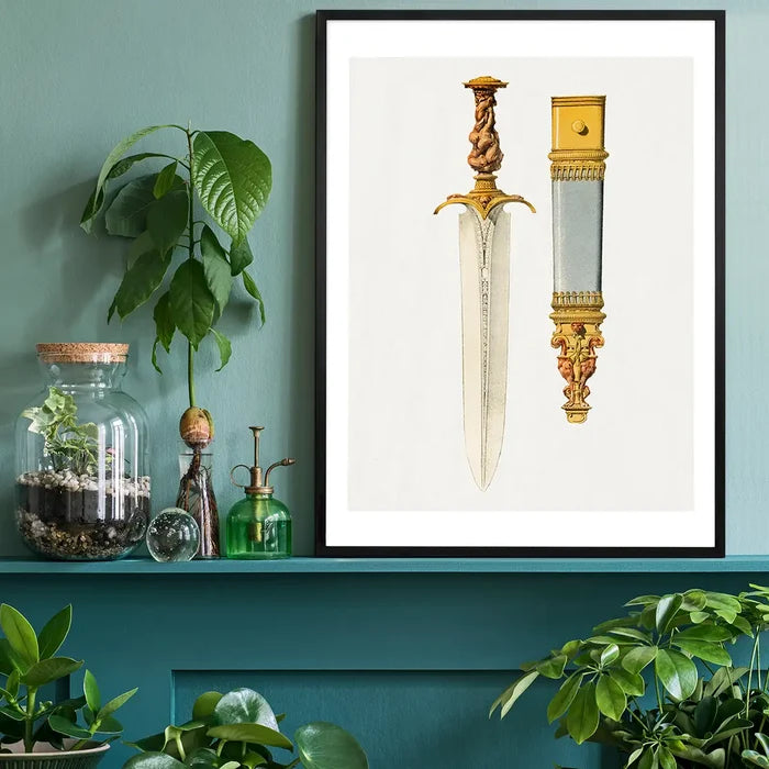 Ancient Dagger Illustration 3 print black framed on a living room shelf