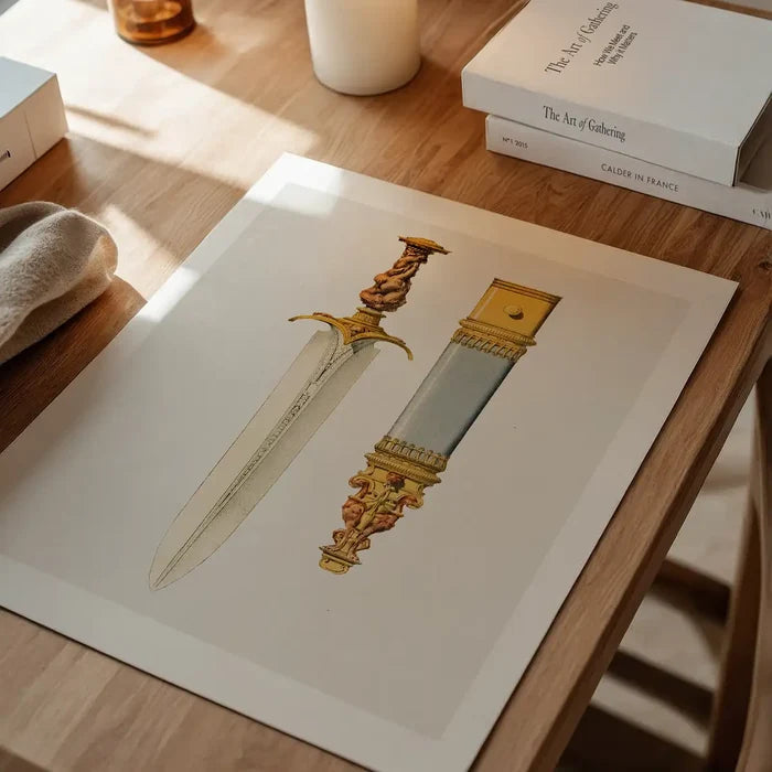 Ancient Dagger Illustration 3 print unframed on a home office desk