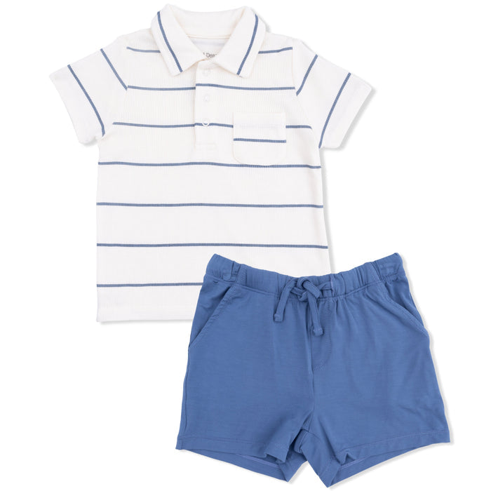 Angel Dear - Ribbed Polo & Shorts Set - Blue Stripe-Sets-6-12M-Posh Baby
