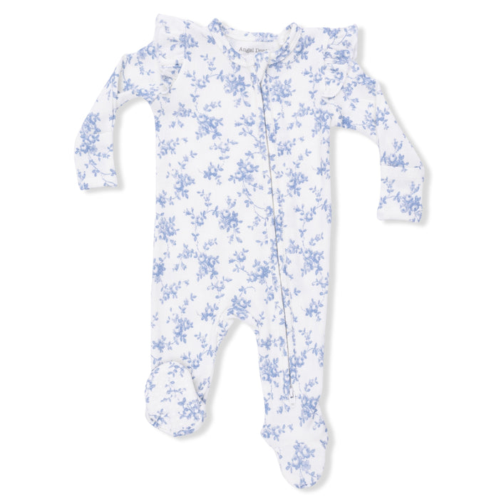 Angel Dear - Two-Way Ribbed Ruffle Sleeve Zipper Footie - Baby Blue Vines-Footies + Rompers (Basic)-Newborn-Posh Baby