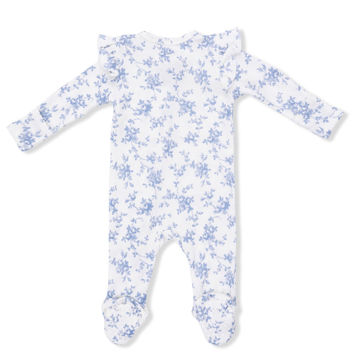 Angel Dear - Two-Way Ribbed Ruffle Sleeve Zipper Footie - Baby Blue Vines-Footies + Rompers (Basic)-Newborn-Posh Baby