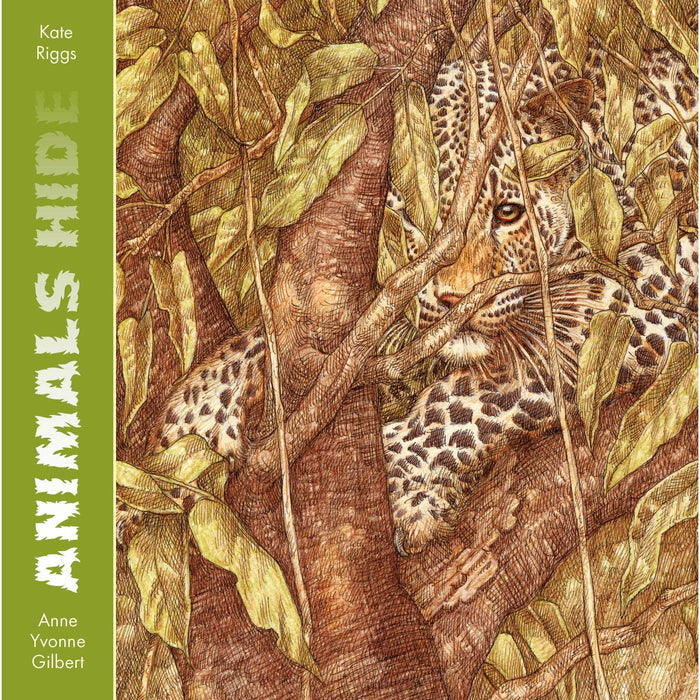 Book cover for 'Animals Hide' by Kate Riggs and Anne Yvonne Gilbert, featuring a detailed illustration of a leopard camouflaged among tree branches and leaves, with a green title band on the left.