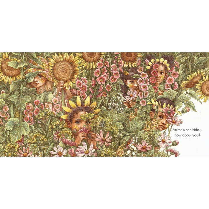 A vintage-style illustrated border pattern featuring children hidden among sunflowers, pink flowers, and green leaves, with the text 'Animals can hide-- how about you?' on the right.