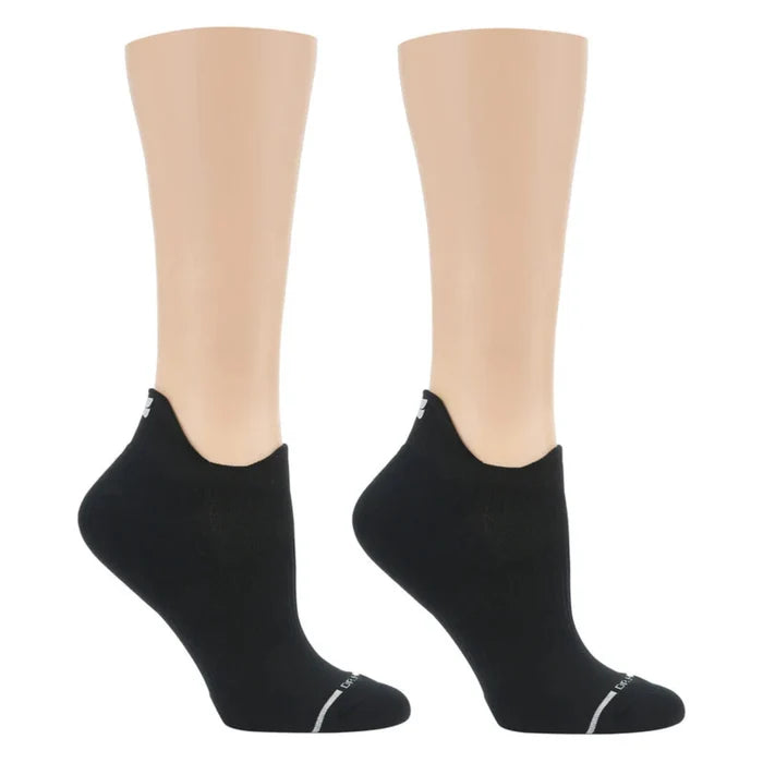 Dr. Motion Black ankle Compression socks on mannequin feet against a white background