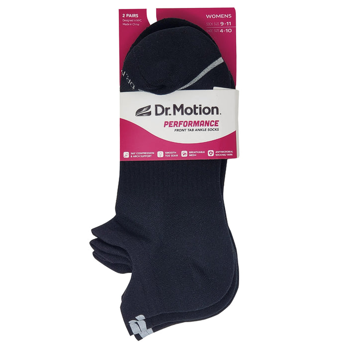 Pack of Dr. Motion performance front tab ankle compression socks on a white background