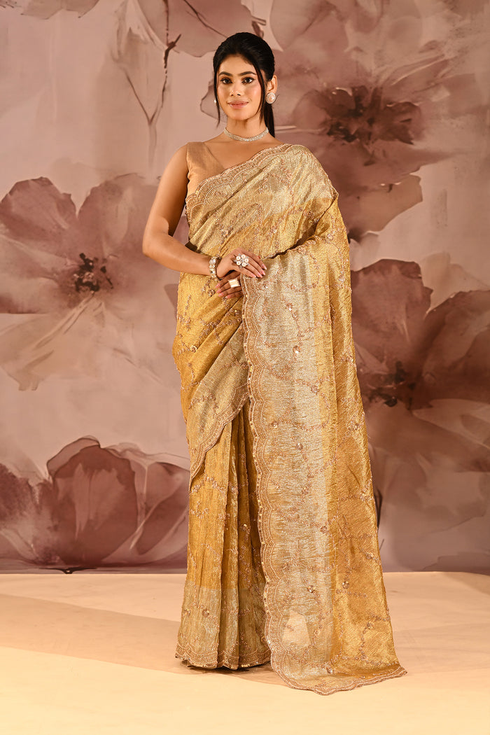 Antique Gold Shimmer With Sequin And Bead Scallop Border Designer Tissue Saree