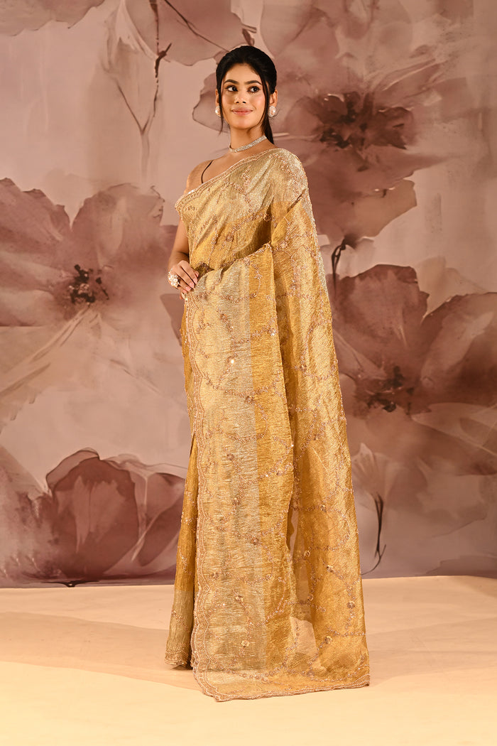 Antique Gold Shimmer With Sequin And Bead Scallop Border Designer Tissue Saree