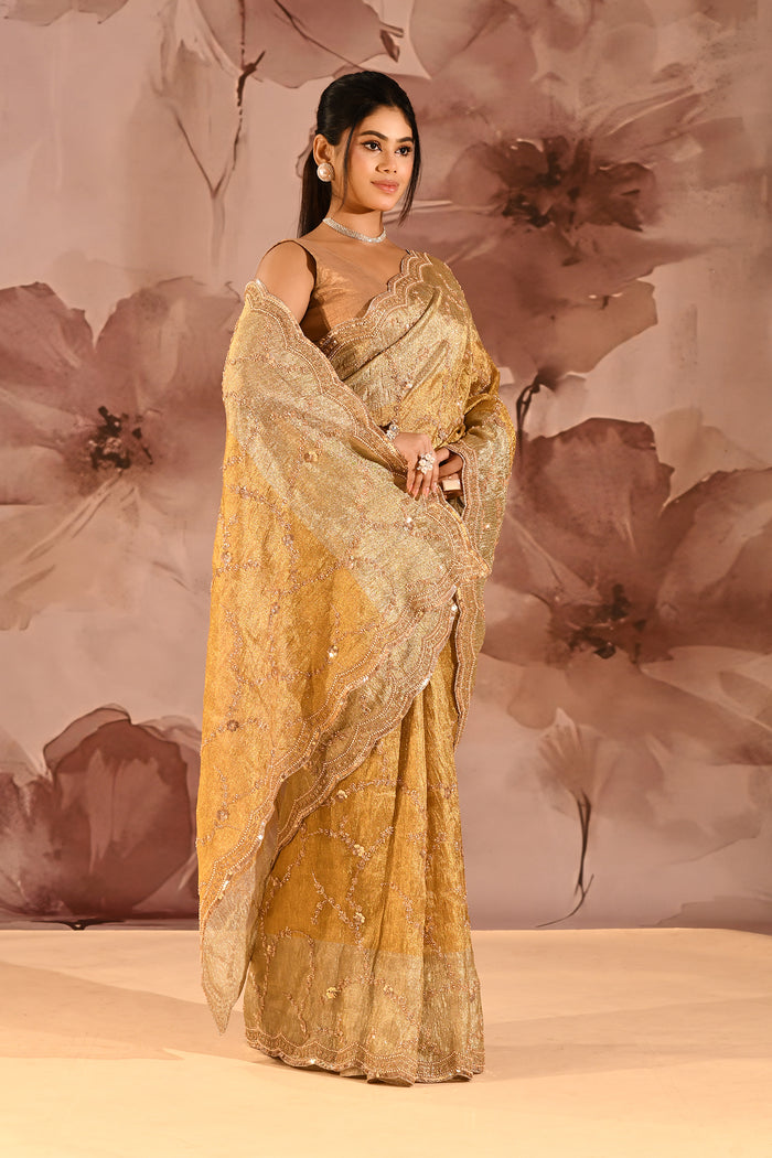 Antique Gold Shimmer With Sequin And Bead Scallop Border Designer Tissue Saree