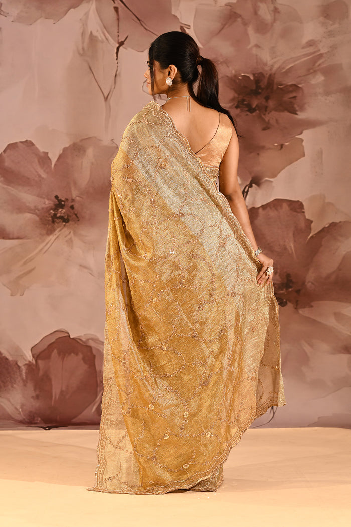 Antique Gold Shimmer With Sequin And Bead Scallop Border Designer Tissue Saree