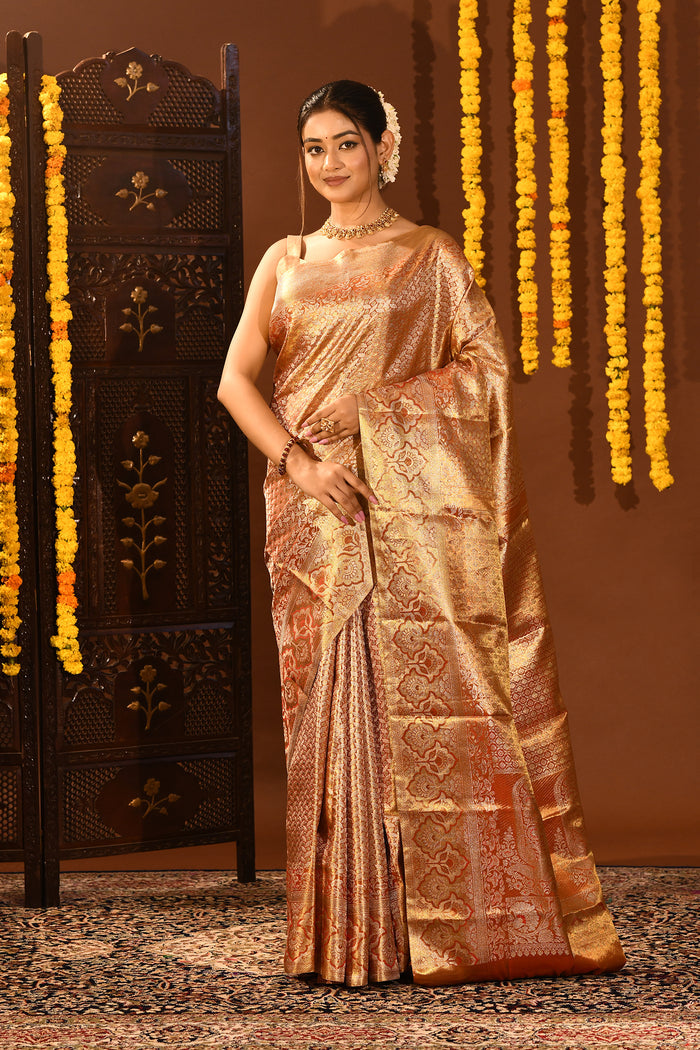 Antique Gold With All-Over Zari Jaal Weave Kanjivaram Silk Saree