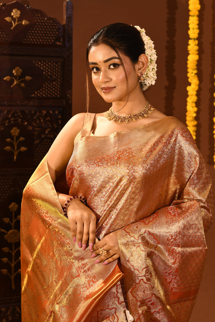 Antique Gold With All-Over Zari Jaal Weave Kanjivaram Silk Saree