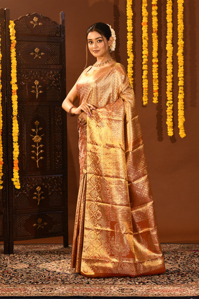 Antique Gold With All-Over Zari Jaal Weave Kanjivaram Silk Saree