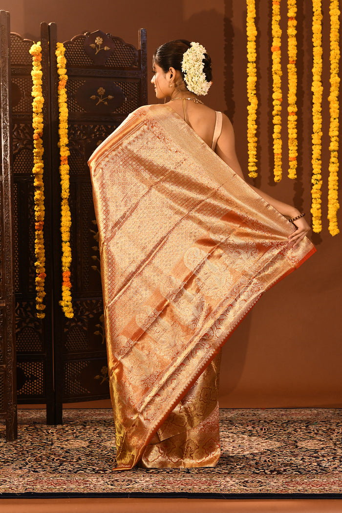 Antique Gold With All-Over Zari Jaal Weave Kanjivaram Silk Saree