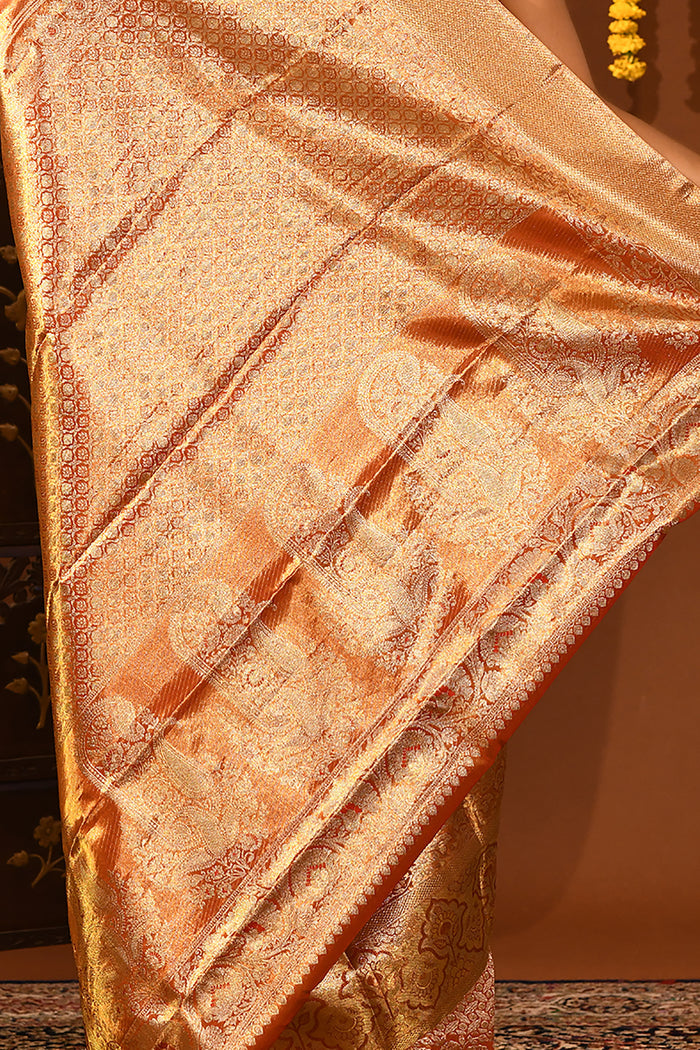 Antique Gold With All-Over Zari Jaal Weave Kanjivaram Silk Saree