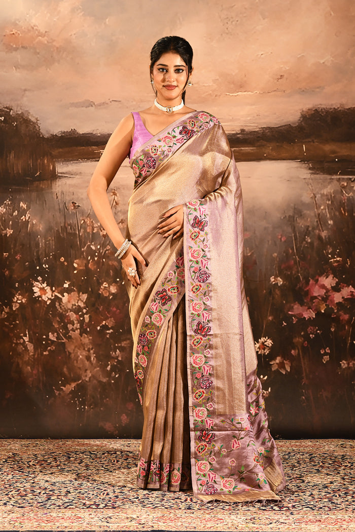 Antique Gold With Butterfly And Floral Motif Border Designer Saree
