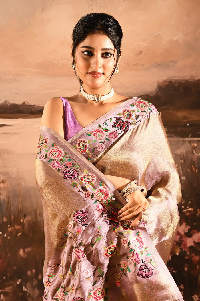 Antique Gold With Butterfly And Floral Motif Border Designer Saree