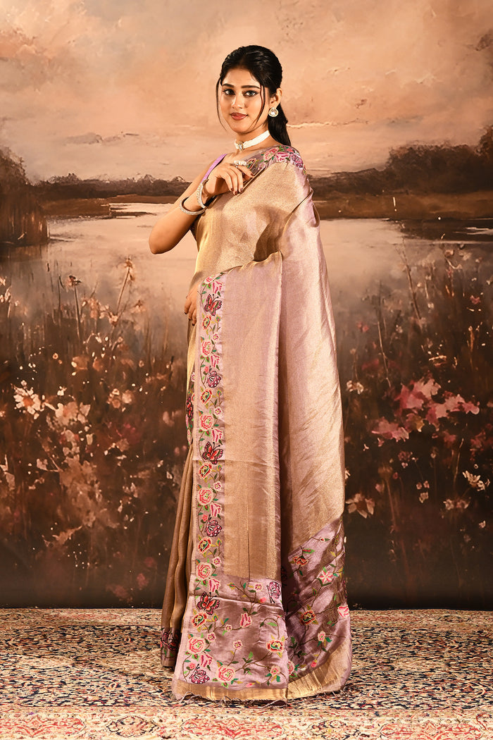 Antique Gold With Butterfly And Floral Motif Border Designer Saree