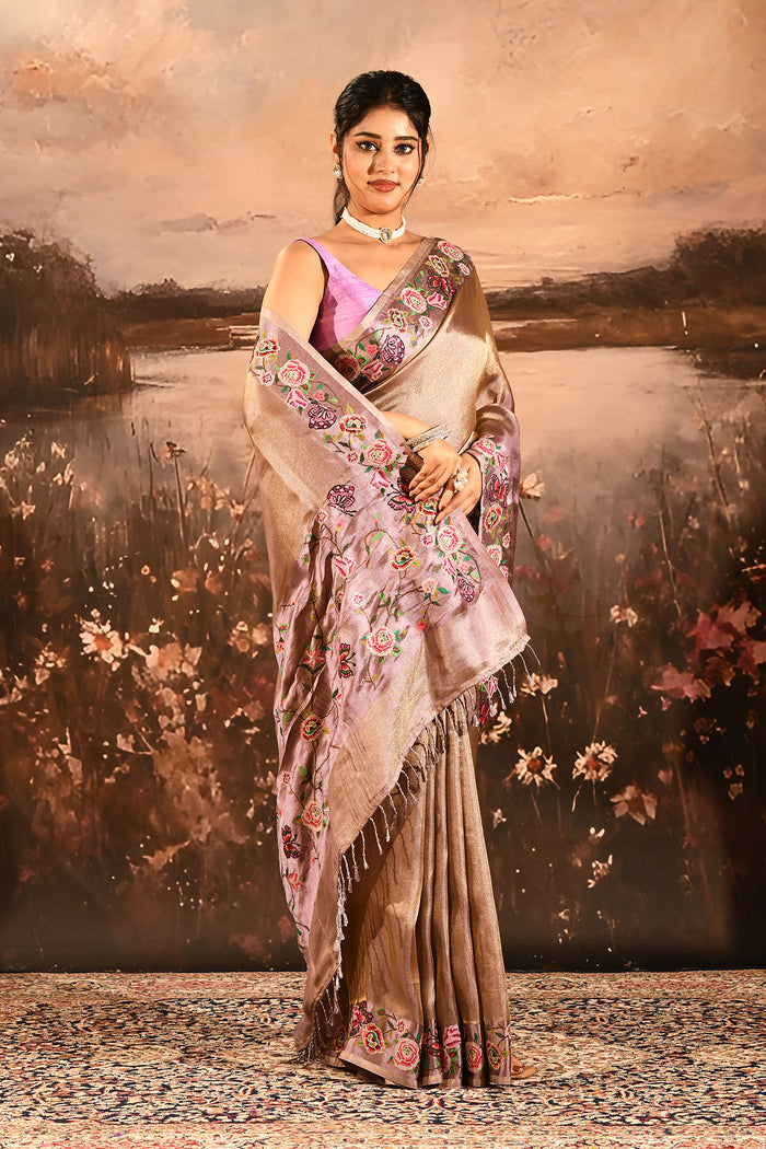 Antique Gold With Butterfly And Floral Motif Border Designer Saree