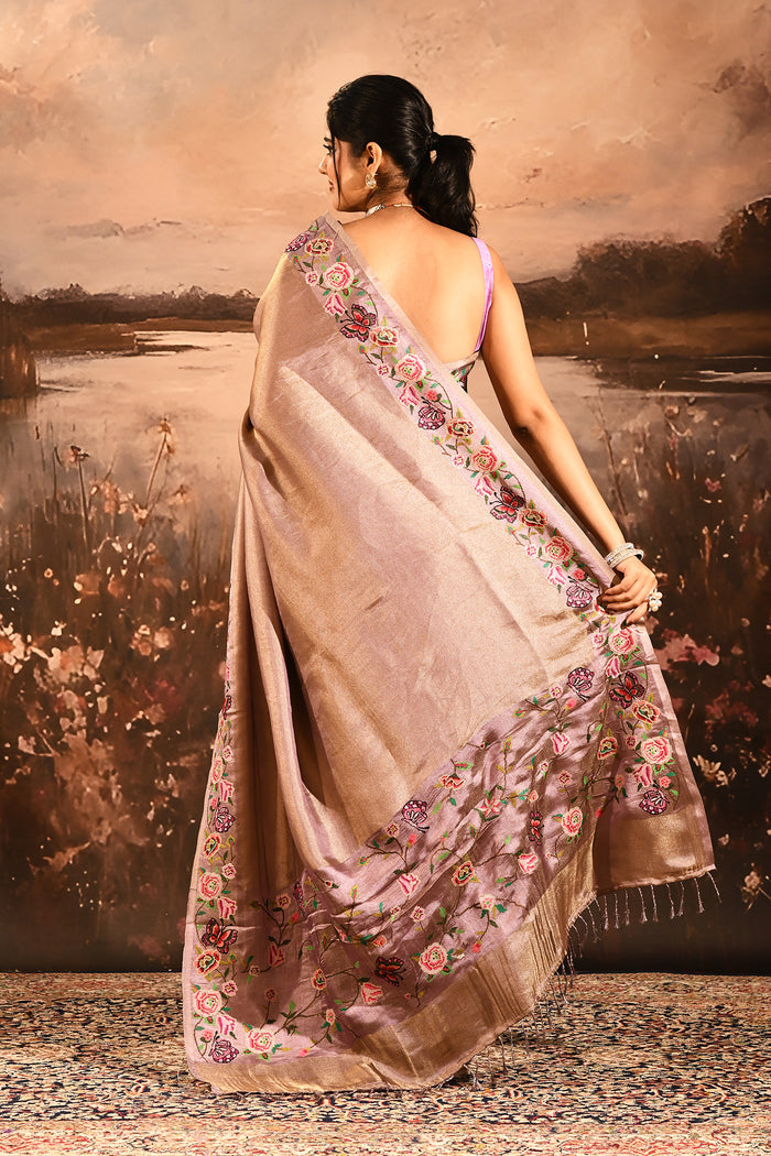 Antique Gold With Butterfly And Floral Motif Border Designer Saree