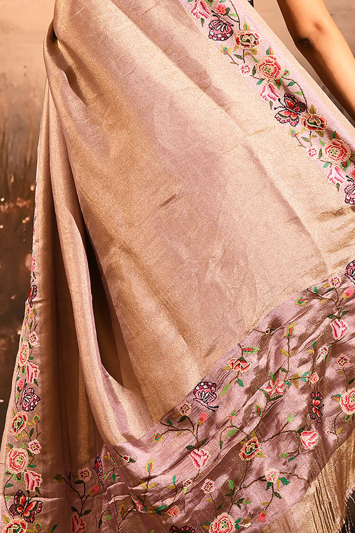 Antique Gold With Butterfly And Floral Motif Border Designer Saree