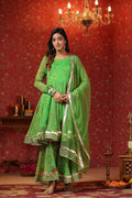 <img> Apple Green Chiffon Bandhani Printed Gharara Set