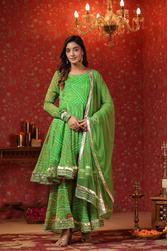 <img> Apple Green Chiffon Bandhani Printed Gharara Set