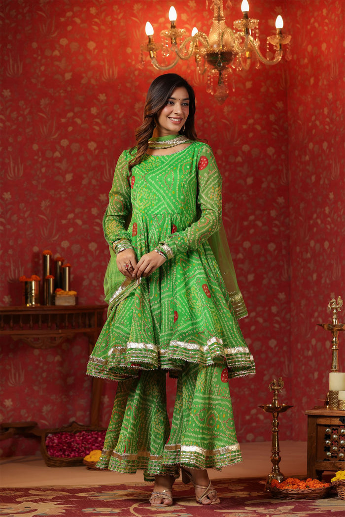 <img> Apple Green Chiffon Bandhani Printed Gharara Set