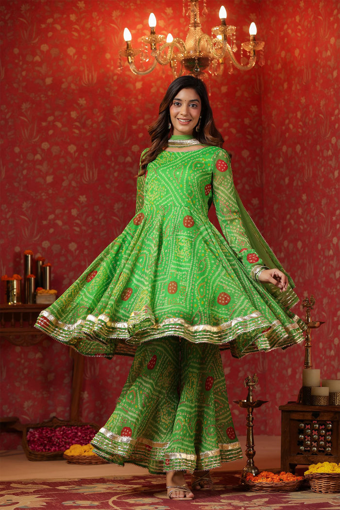 <img> Apple Green Chiffon Bandhani Printed Gharara Set