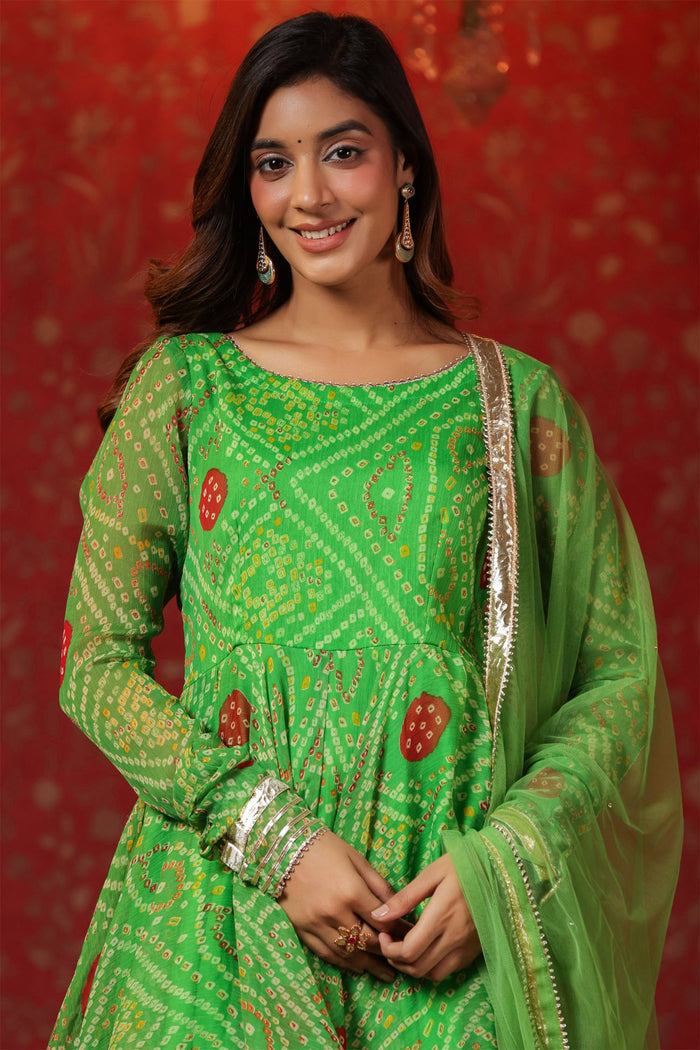 <img> Apple Green Chiffon Bandhani Printed Gharara Set