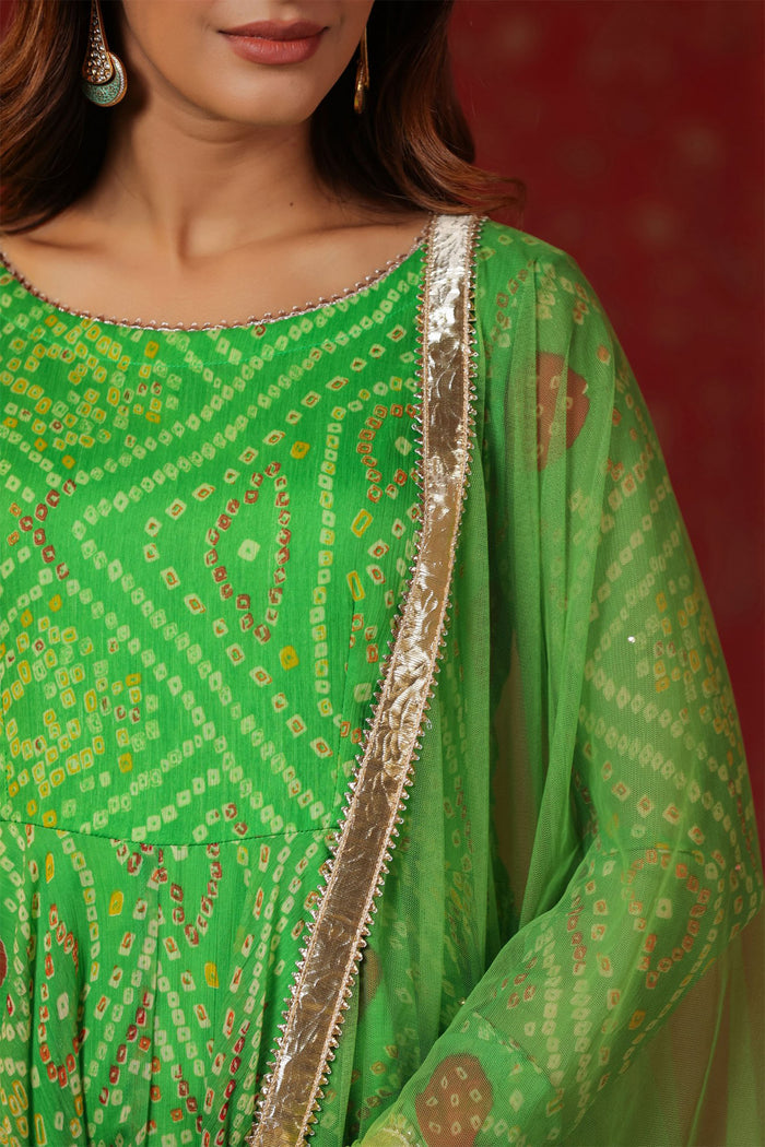 <img> Apple Green Chiffon Bandhani Printed Gharara Set