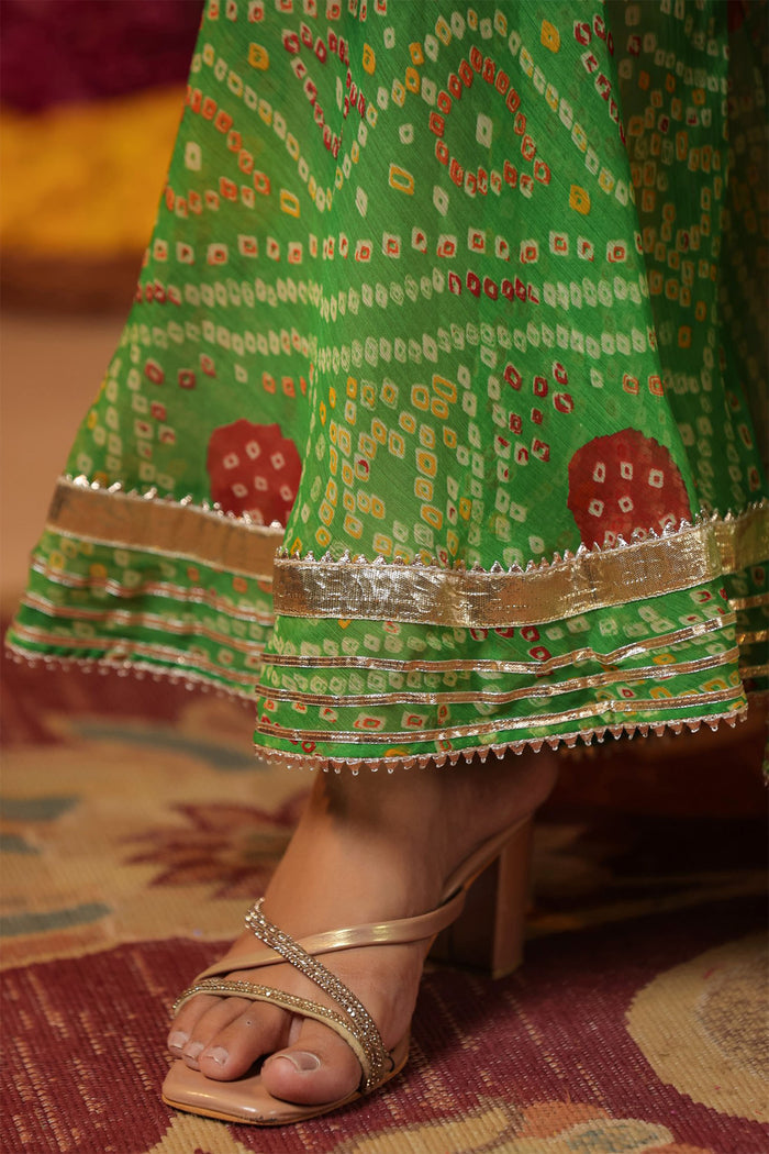 <img> Apple Green Chiffon Bandhani Printed Gharara Set