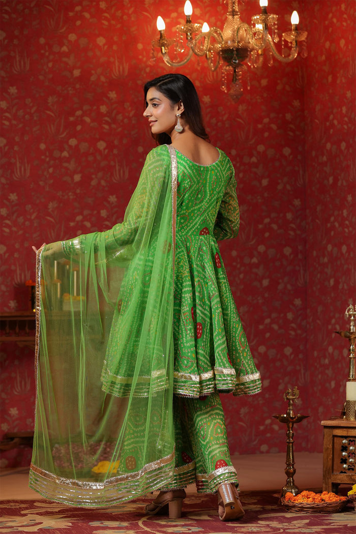 <img> Apple Green Chiffon Bandhani Printed Gharara Set