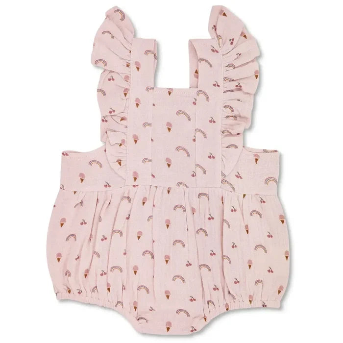 Apple Park - Organic Muslin Flutter Sleeve Romper - Rainbows & Ice Cream-Footies + Rompers (Fashion)-3-6M-Posh Baby