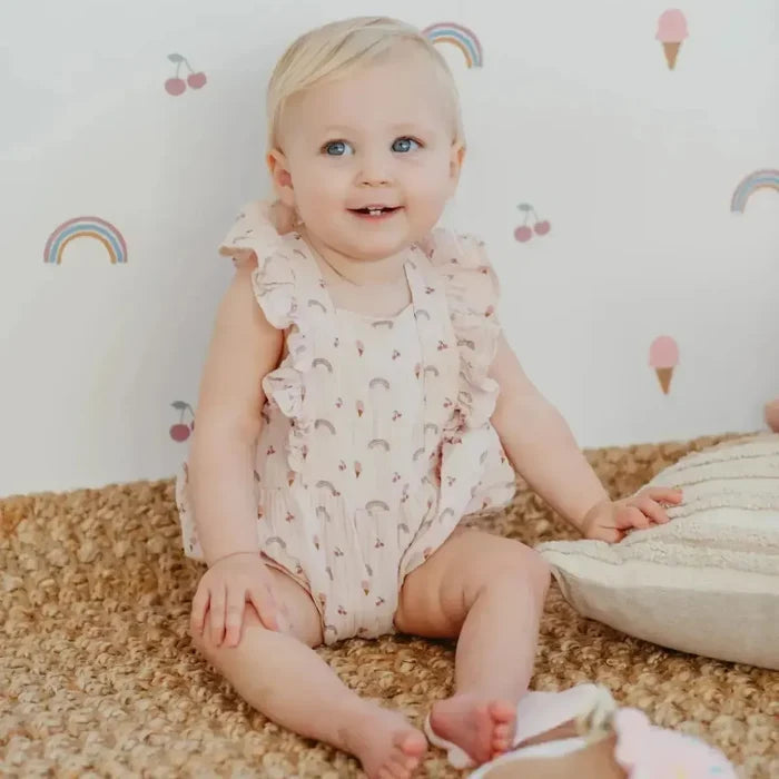 Apple Park - Organic Muslin Flutter Sleeve Romper - Rainbows & Ice Cream-Footies + Rompers (Fashion)-3-6M-Posh Baby