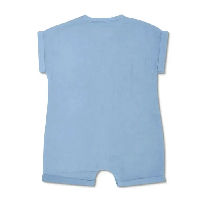 Apple Park - Organic Muslin Short Sleeve Romper - Sky Blue-Footies + Rompers (Fashion)-3-6M-Posh Baby
