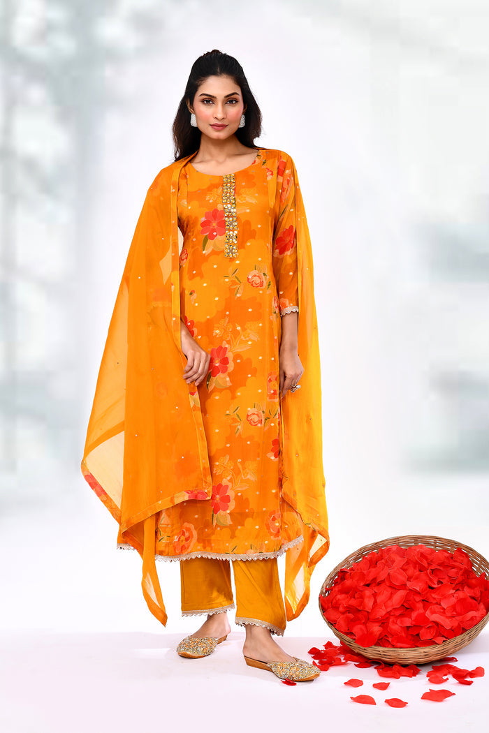 Apricot Orange Tissue Silk Floral Kurta Set