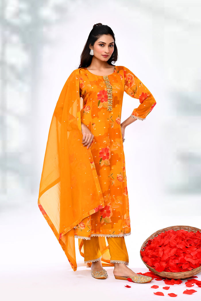 Apricot Orange Tissue Silk Floral Kurta Set