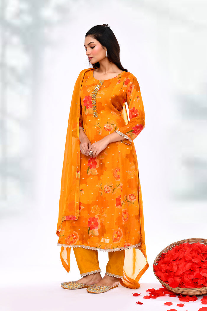 Apricot Orange Tissue Silk Floral Kurta Set