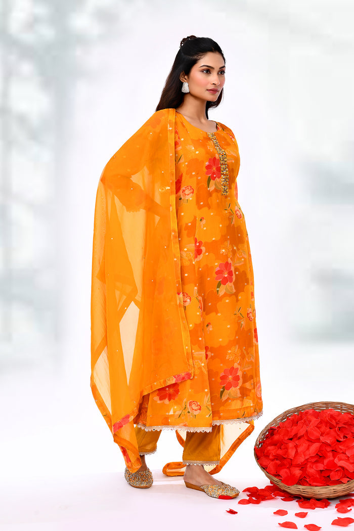 Apricot Orange Tissue Silk Floral Kurta Set