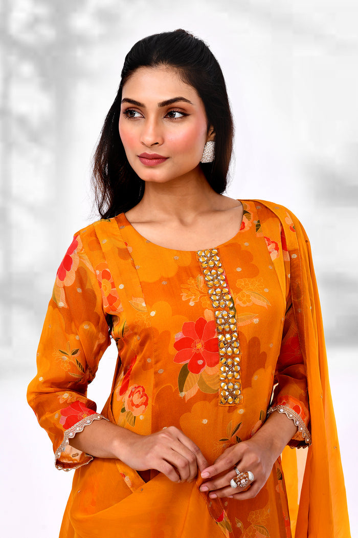 Apricot Orange Tissue Silk Floral Kurta Set
