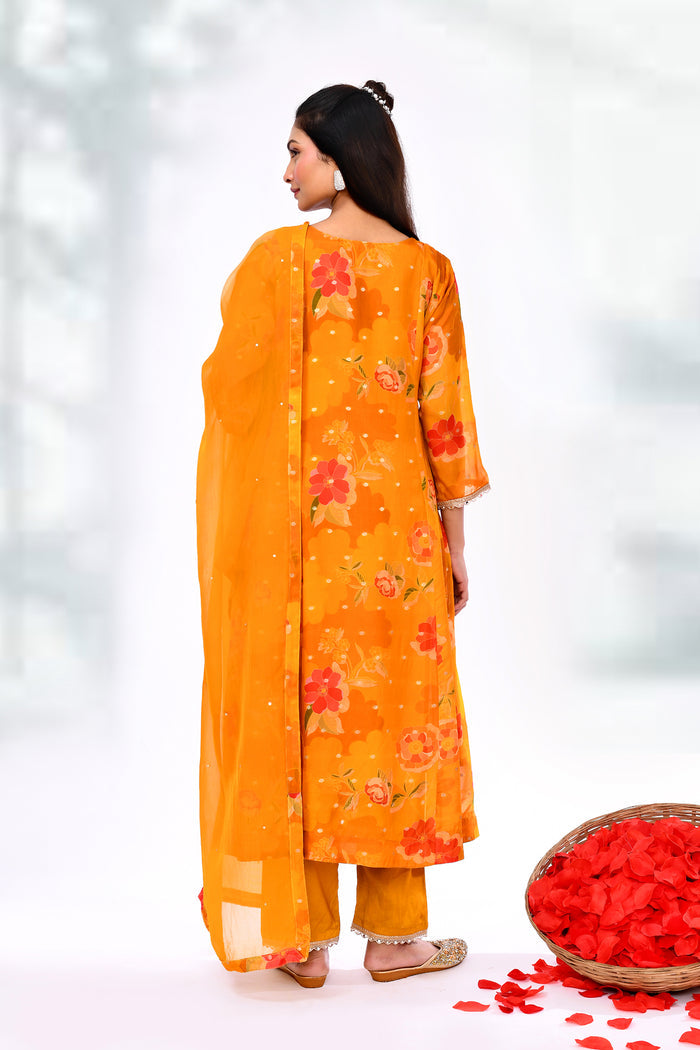 Apricot Orange Tissue Silk Floral Kurta Set