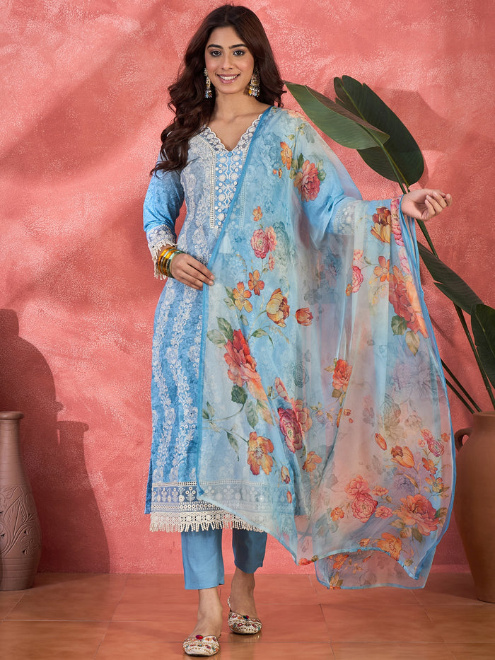 Aqua Blue Embroidered Cotton Kurta Set