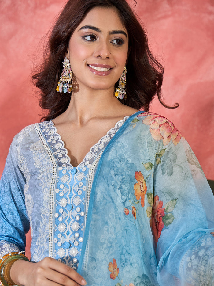 Aqua Blue Embroidered Cotton Kurta Set