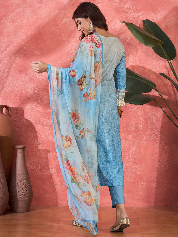 Aqua Blue Embroidered Cotton Kurta Set