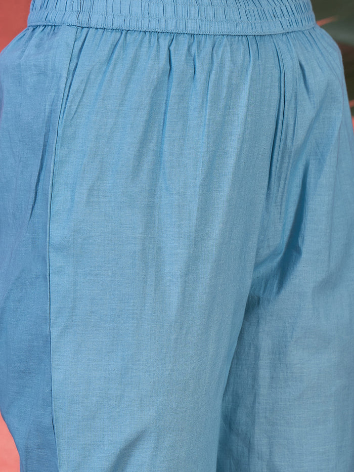 Aqua Blue Embroidered Cotton Kurta Set