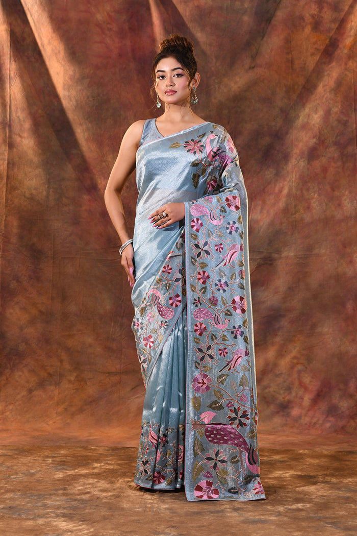 Aqua Blue Floral Tissue Silk Saree