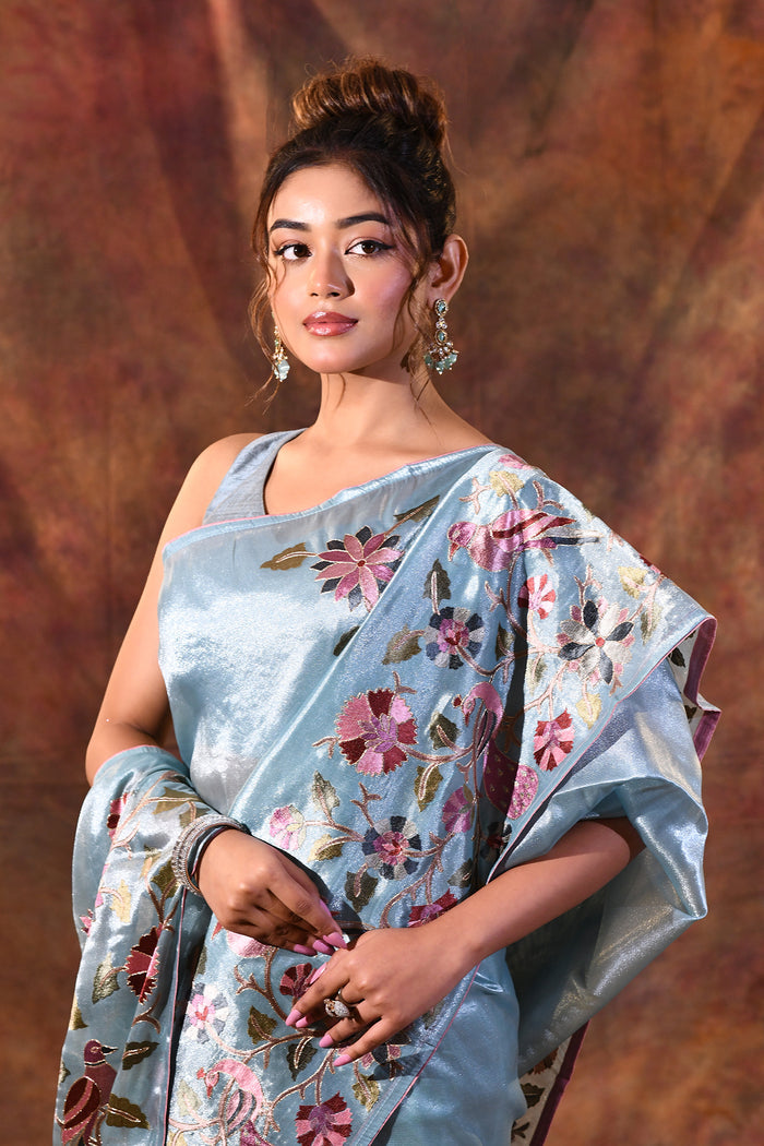 Aqua Blue Floral Tissue Silk Saree