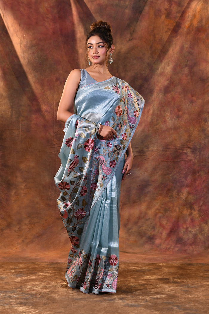 Aqua Blue Floral Tissue Silk Saree