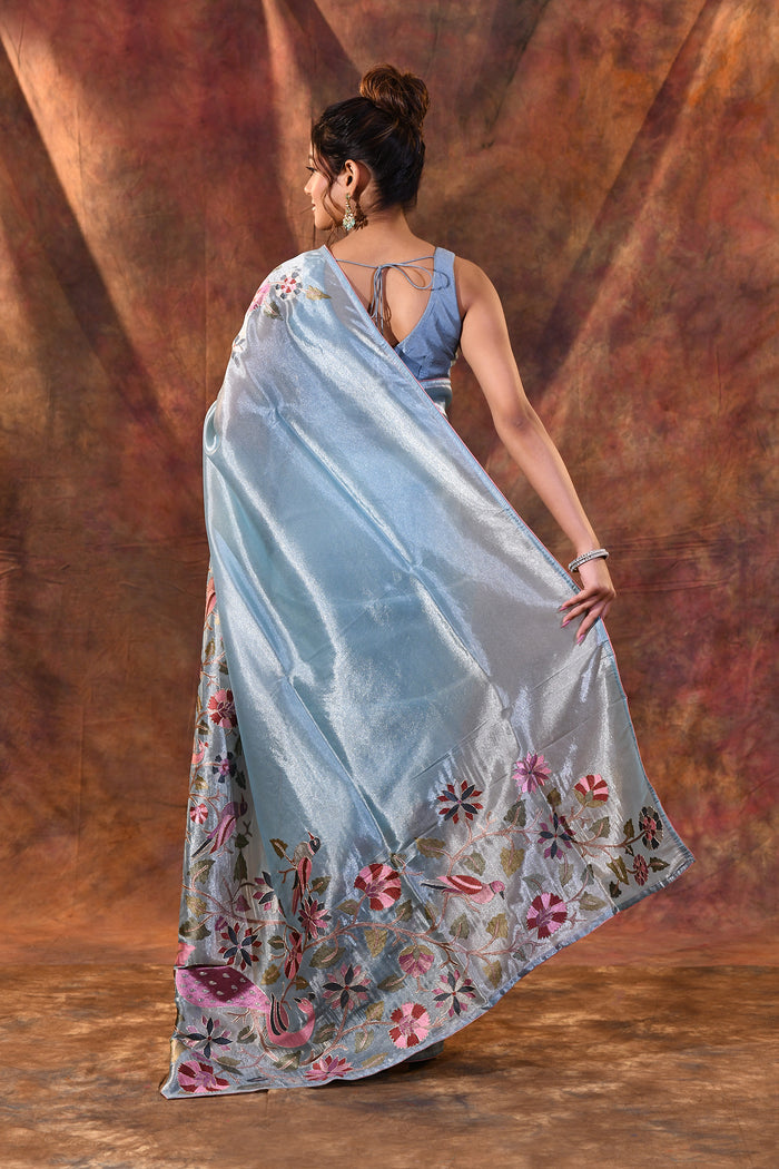 Aqua Blue Floral Tissue Silk Saree
