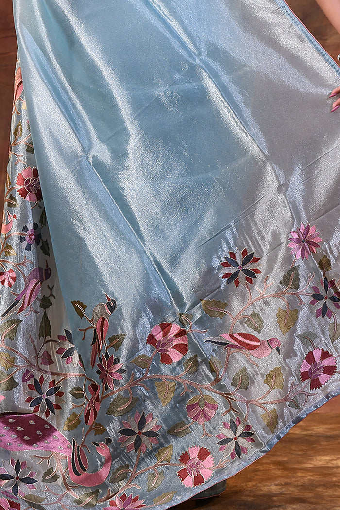 Aqua Blue Floral Tissue Silk Saree